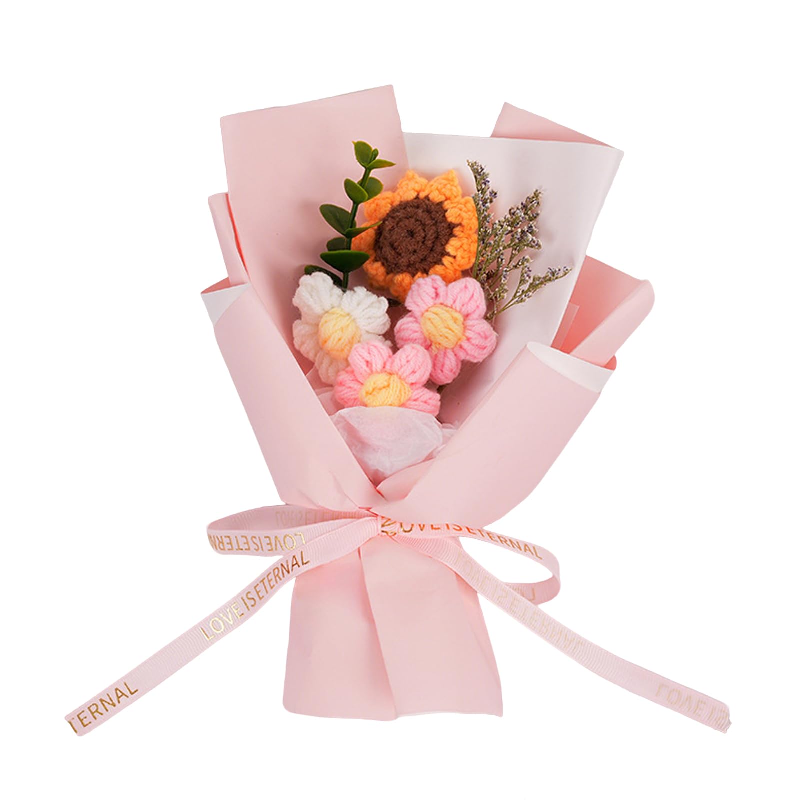 Handmade Crochet Sunflower Bouquet, Knitted Artificial Flowers with Green Foliage, Everlasting Floral Arrangement for Home Decor, Wedding, Gift for Mother Day Birthday Valentine Graduation (pink)