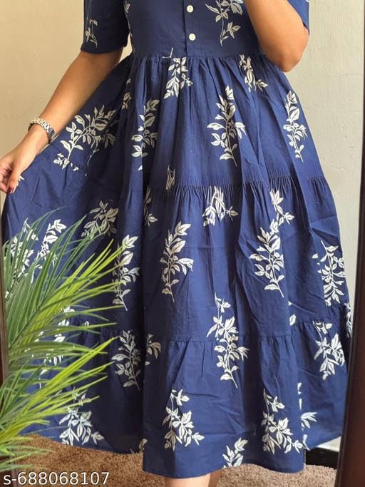 Image of Women's Cotton Floral Leaf Print Tiered Midi Dress - Square Neck, Short Sleeve A-Line Smock Dress for Casual Summer & Vacation Wear