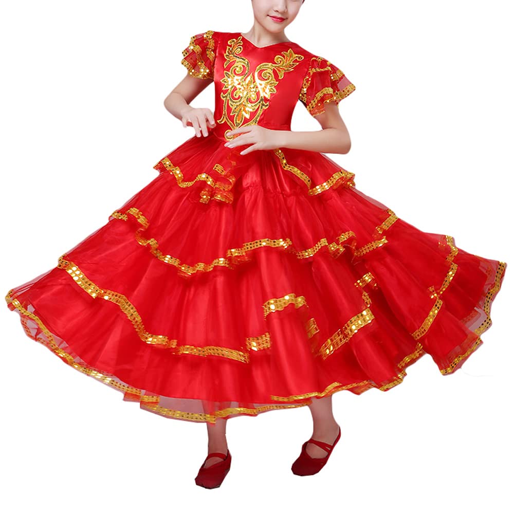 Libaobaoyo Girls Flamenco Dancer Layered Dress Maxi Length Sequins Gypsy Spanish Bull Dancewear (as1, Age, 13_Years, 14_Years, Red, 13-14 Years)