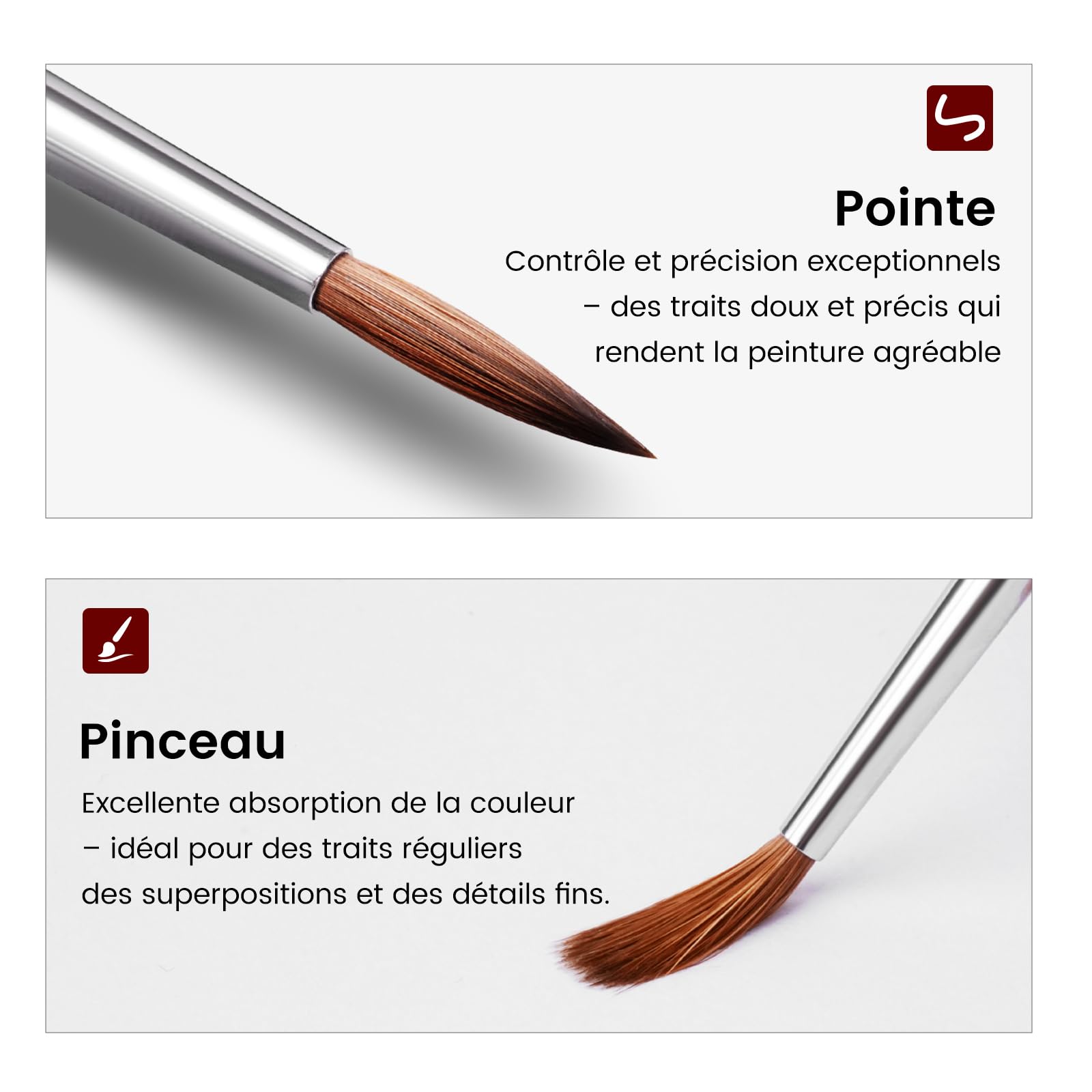 Ensemble de Pinceaux d'artiste Kolinsky Natural Professional - 5 Pinceau Fins dans Les Tailles 5/0, 2/0, 0, 1, 3 pour Aquarelle, Acrylique, Figurines, Miniature, Modélisme, Maquette | Fait Main