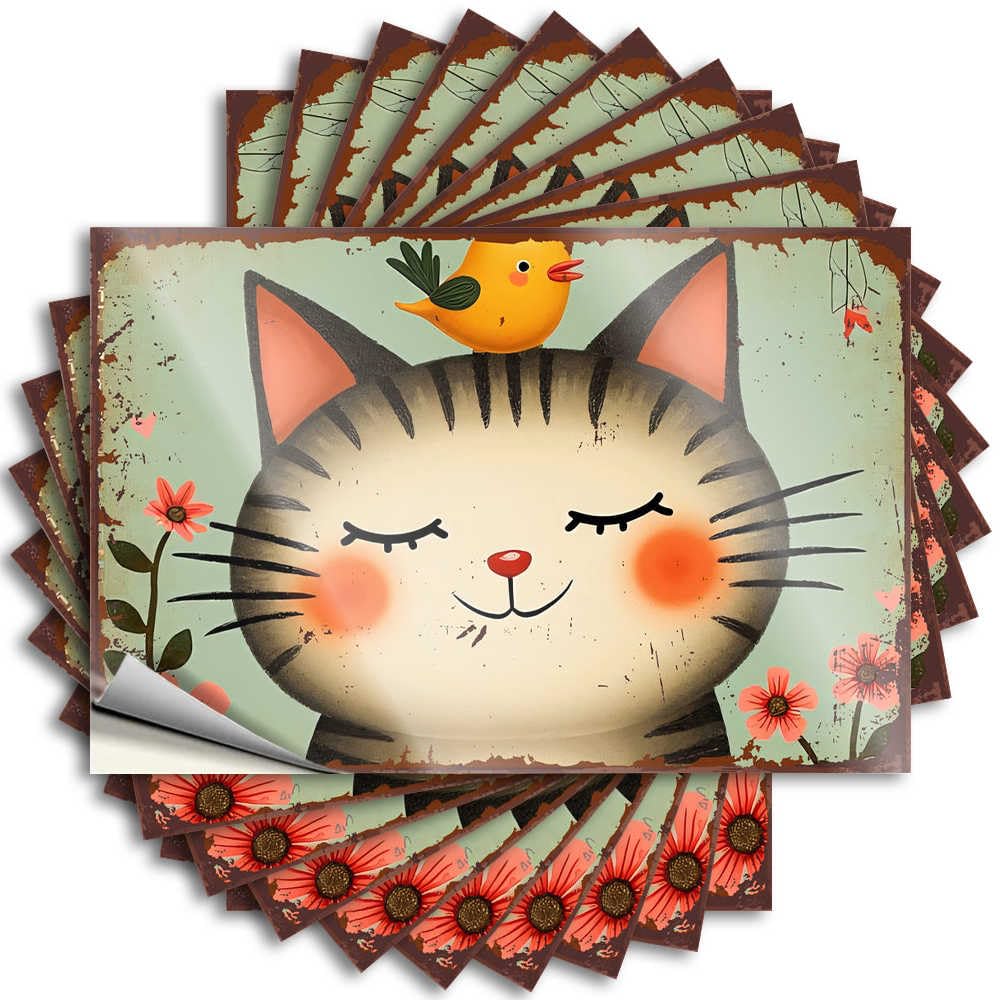 Fzfn Colour Whimsical Cat With Bird On Head And Flowers Cover Positive - Upgrades Saying Self Adhesive Sticker(6X9cm)