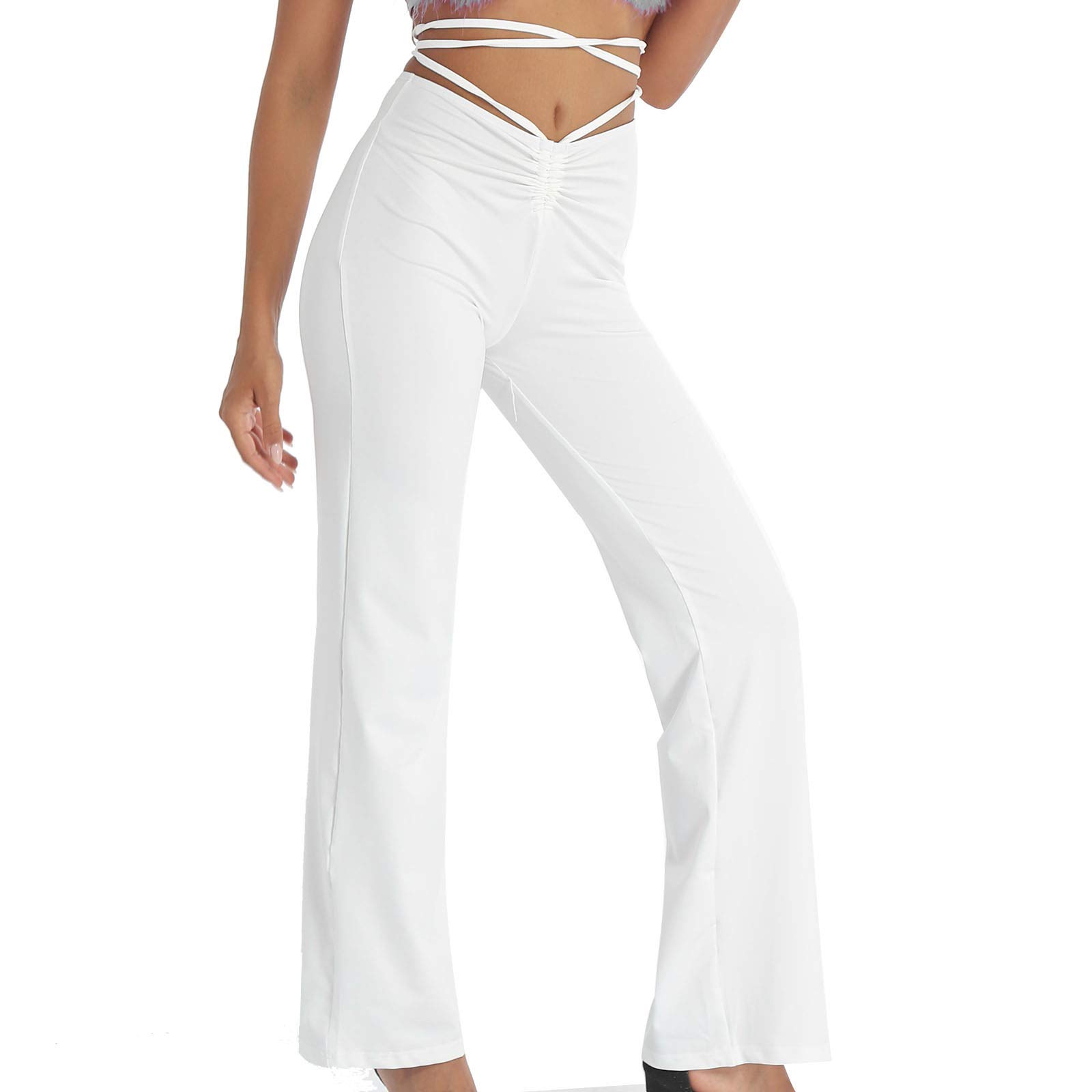 Womens Mid Waist Strappy Pant Straight-Leg Pants Leisure Trousers Work Pants