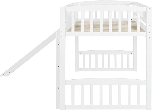 Miniatura 7 de Cama baja de tamaño individual con tobogán y escalera, marco de cama de madera para niños y niñas, color blanco