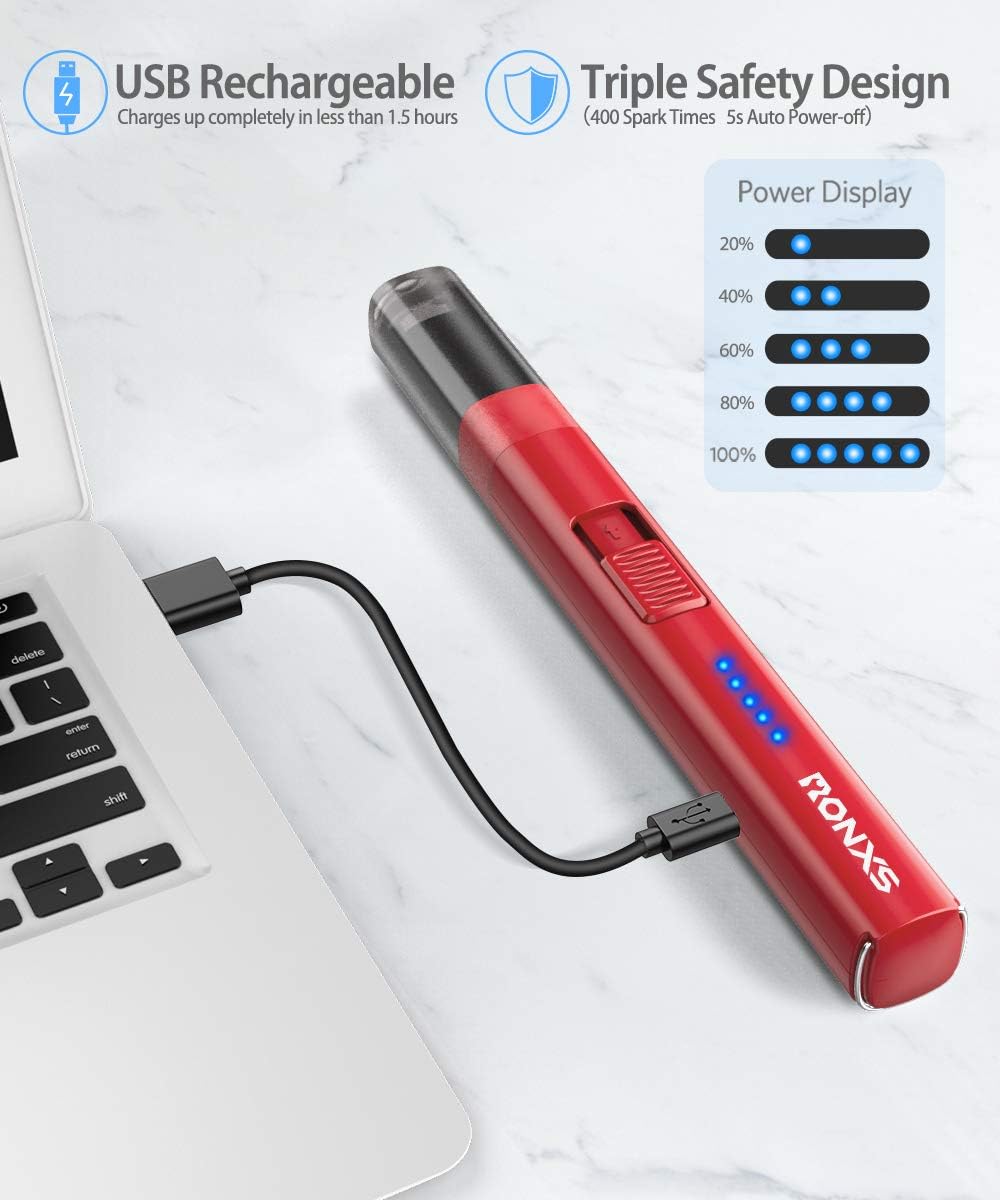 RONXS Lighter, Candle Lighter with Safety Design Cover, Camping Lighter Windproof Portable 7IN Low Noise USB Plastic Lighter with Safety Switch/Hanging Hook for Candle Cooking BBQ(Red)…