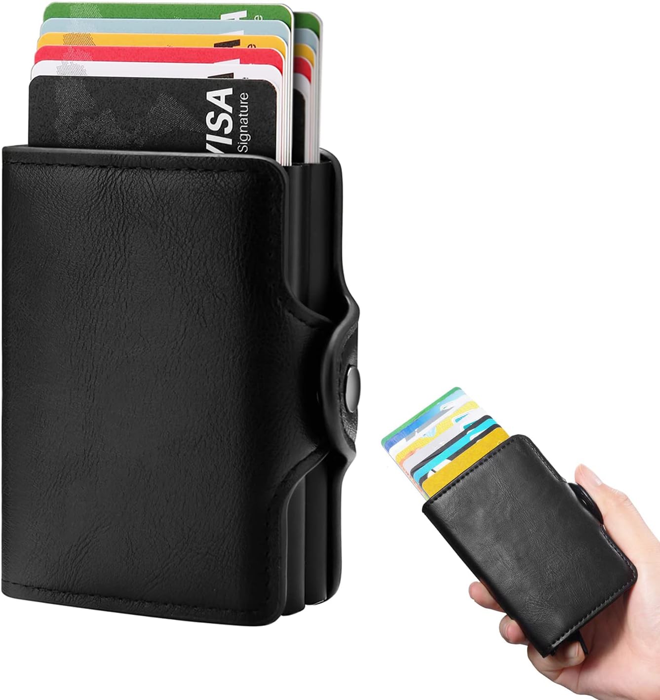 Wallet for Men Credit Card Holder, Automatic Pop Up Wallet with RFID, Leather Slim Card Case Front Pocket Anti-theft Travel Thin Wallets, Metal Money Organizers for Women Up to Holds 14 Cards/Cash