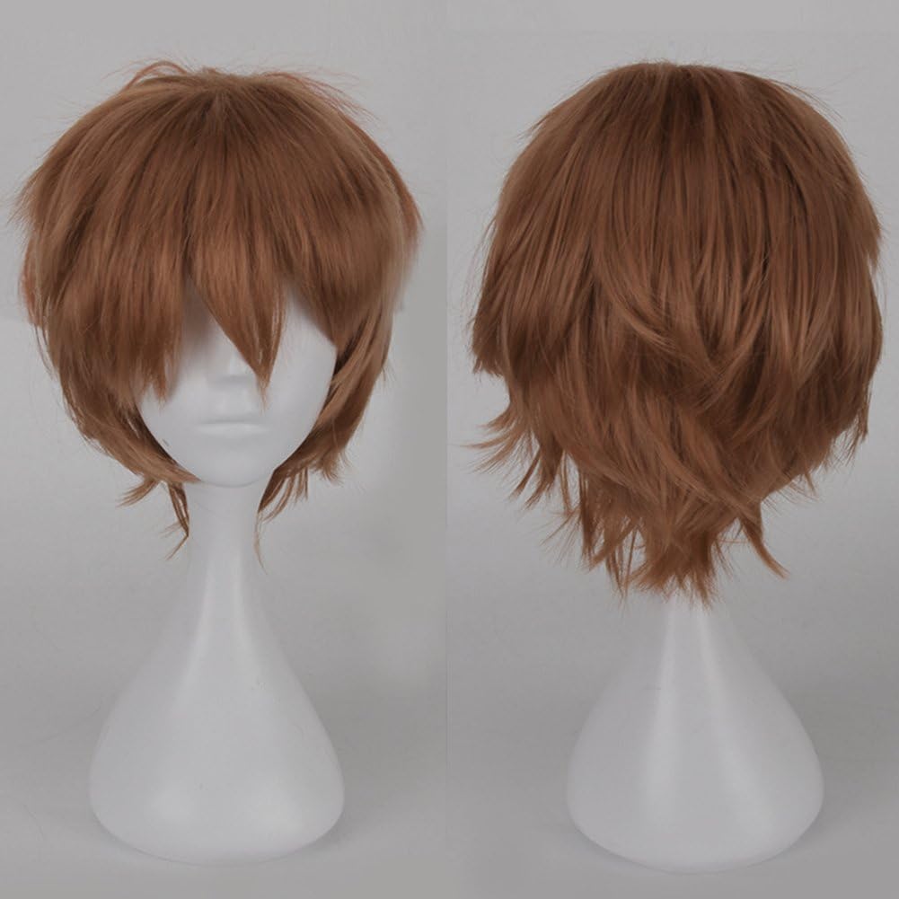 S-noilite Cosplay Curly Hair Tail Full wigs Short Light Brown Wig Women/Men Wig, 12 inch-Light Brown, 130 g (Pack of 1)