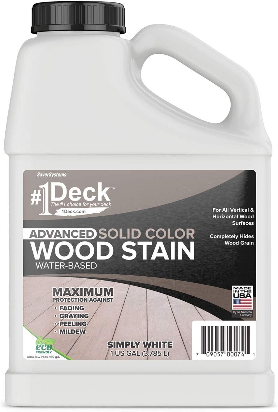 #1 Deck Premium Advanced Solid Color Outdoor Wood Stain and Sealer in One - Water Based Sealant for Wood Decks, Fences, & Siding - Simply White - 1 Gal