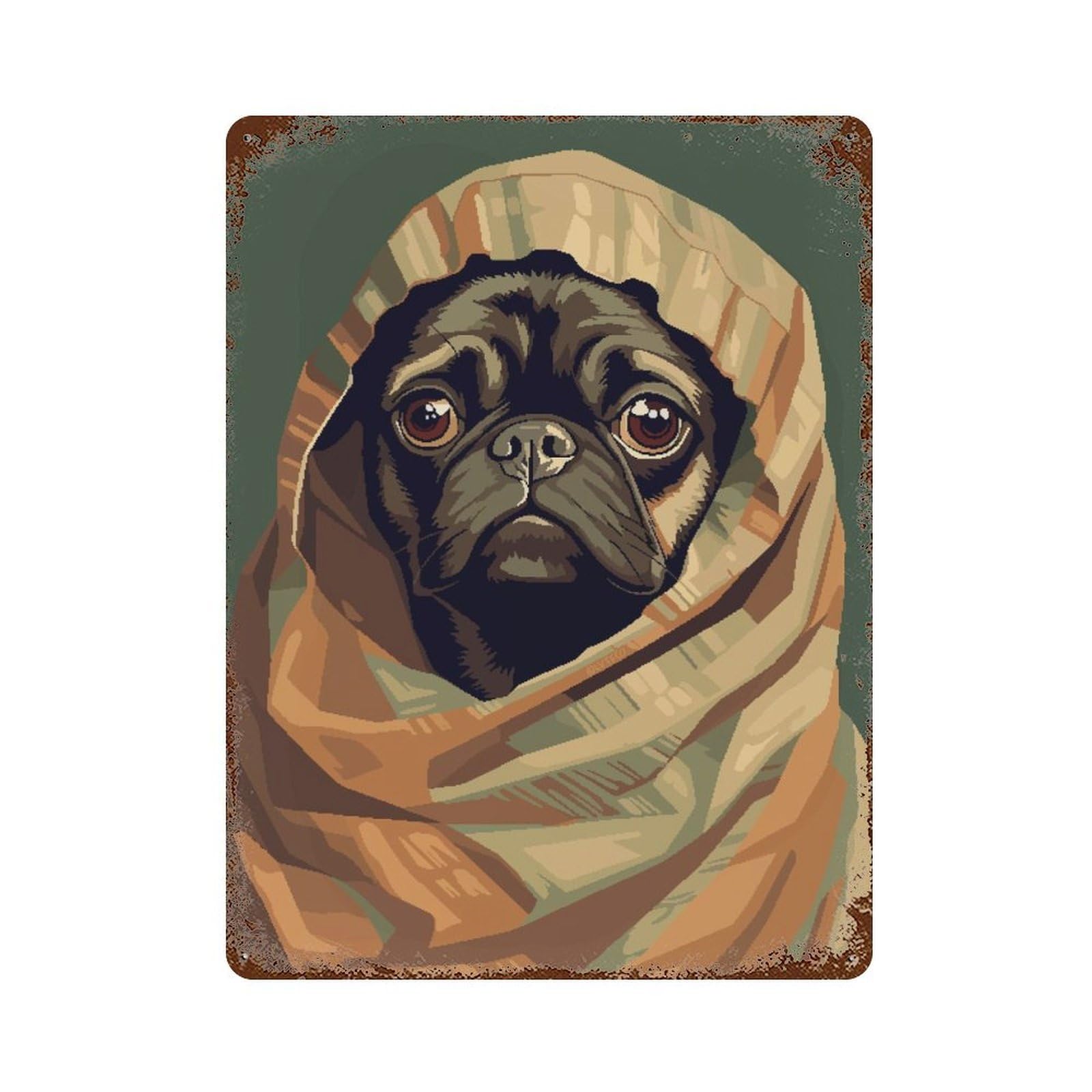 Vintage Rust Metal Sign Cute Pug Blanket Pixel Art 15.7"x11.8", Shabby Chic Decor for Cafe, Home Bar And Lounge Decor