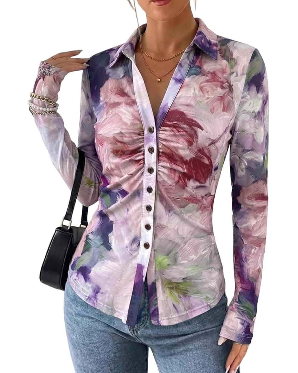CHICME Mesh Button Down Shirts for Women Floral Boho Blouses Long Sleeve Shirts for Women, Lightweight Stretchy, Collared Shirts, Ruched Fitted Top, Going Out Tops, Fashion Clothing