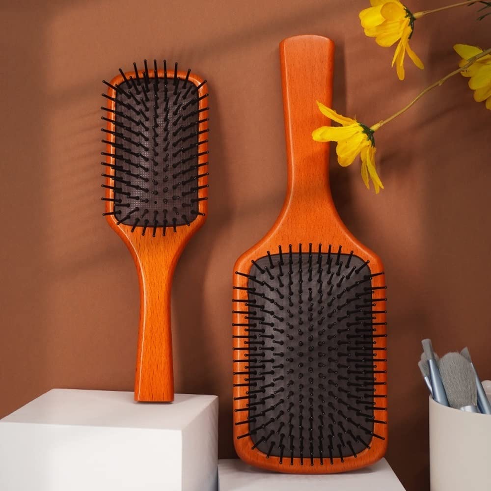 Peine de masaje cuadrado, peine de peluquería con cojín de aire, cepillo for el cabello, cepillo for el cabello con mango de madera ecológico natural for hombres y mujeres con cabello largo grueso, ri