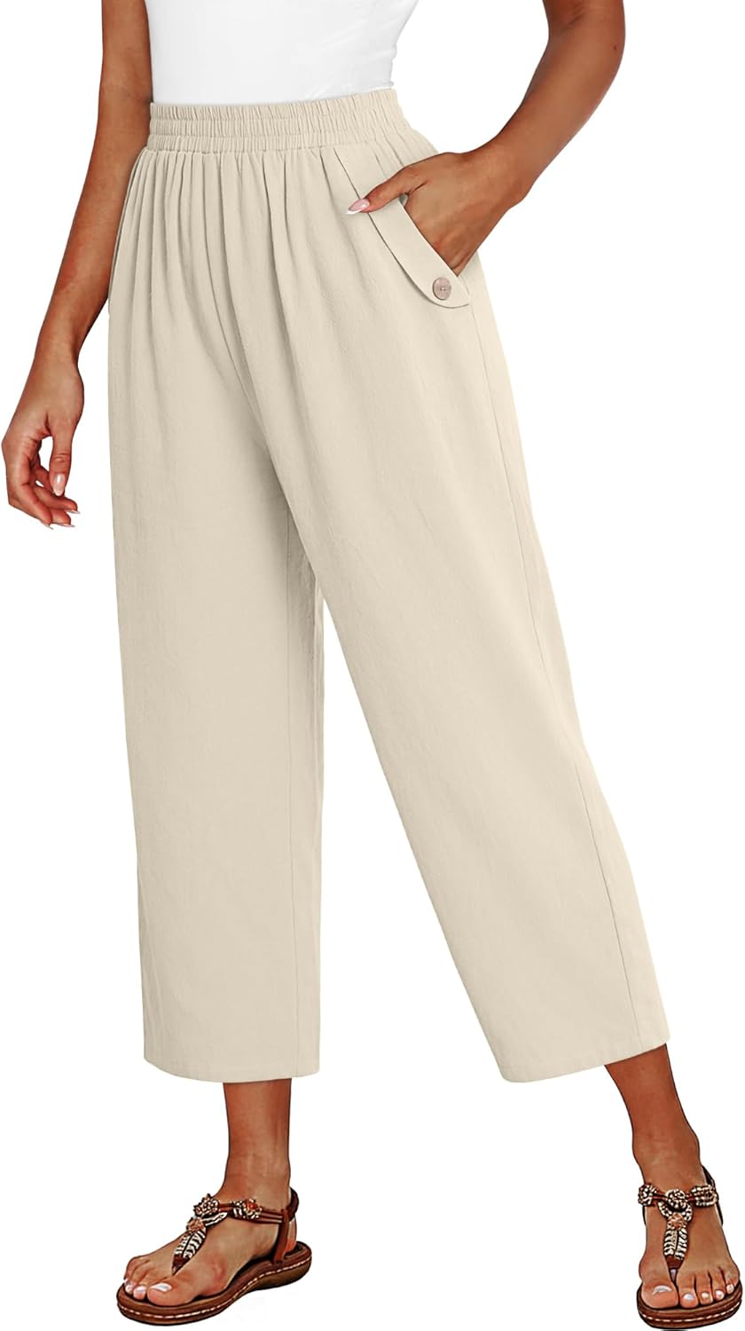 Magritta Women's Cropped Lounge Pants Lightweight Elastic Waist Pant with Pockets Summer Casual Loose Capri Trousers