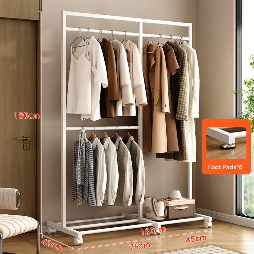 GLigeT Garderobenständer Schlafzimmer Stand Kleiderbügel Haushalt Lagerung Rack Eisen Doppel-Schicht Garderobe Nacht Kleidung Rack Jackenständer(Weiß)