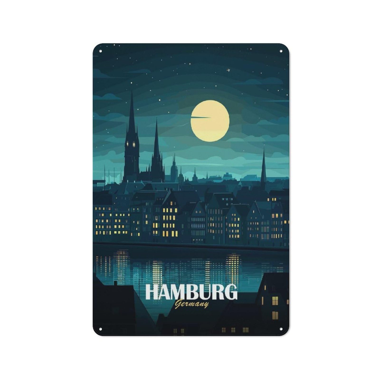 Junmoney Hamburg Germany Night Skyline Illustration Vintage Metal Sign 30X20cm, Bistro Style Bistro Wall Plaque For Tea Room, Shop Wall Or Breakfast Area