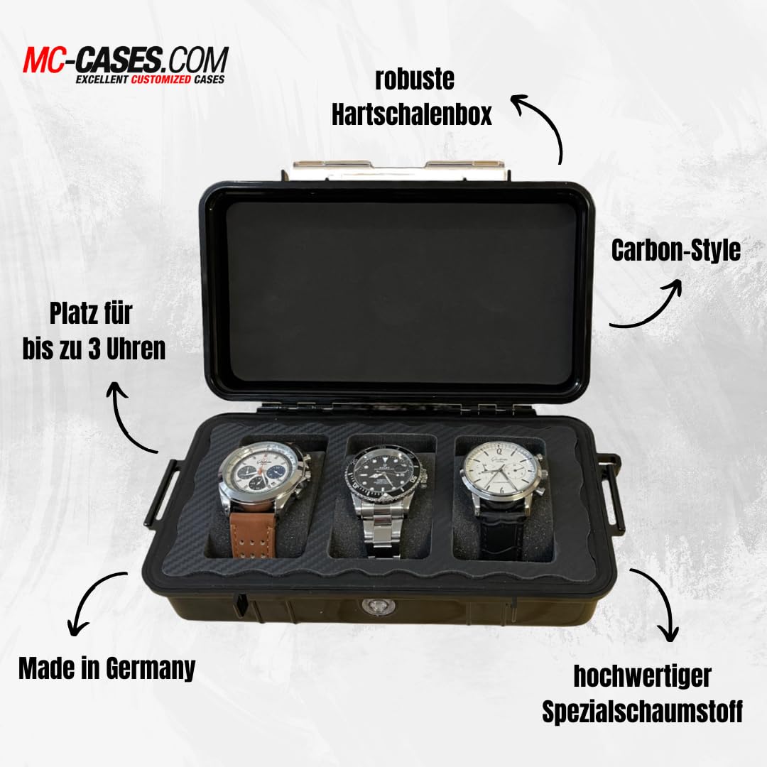 kompakte Uhrenbox für bis zu 3 Uhren - Wasserdicht - Extrem geschützt - Made in Germany - Luxery Line carbon Style - hochglanz schwarz - Perfekt für Reisen