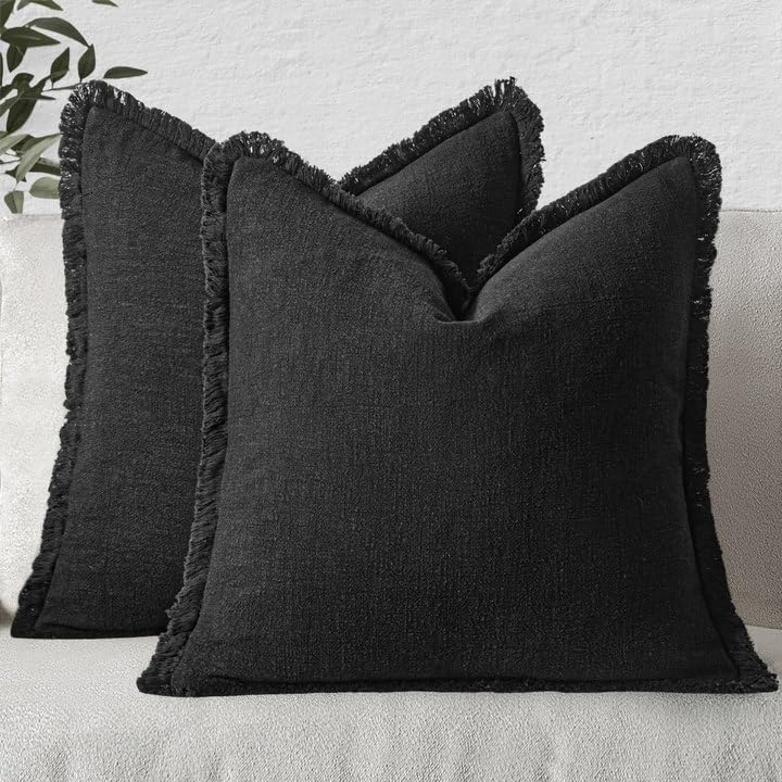 MIULEE Decorative Throw Pillow Covers Neutral Linen Fringe Throw Pillows Euro Shams Set of 2 Black Boho Farmhouse Cushion Covers for Couch Sofa Bed