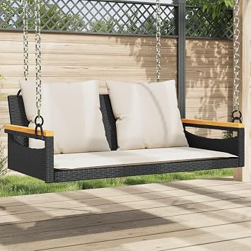 Gecheer h a n ging Porch Swing Swing Bench with Cushions Black 42.9"x24.4"x15.7" Poly Rattan 368146