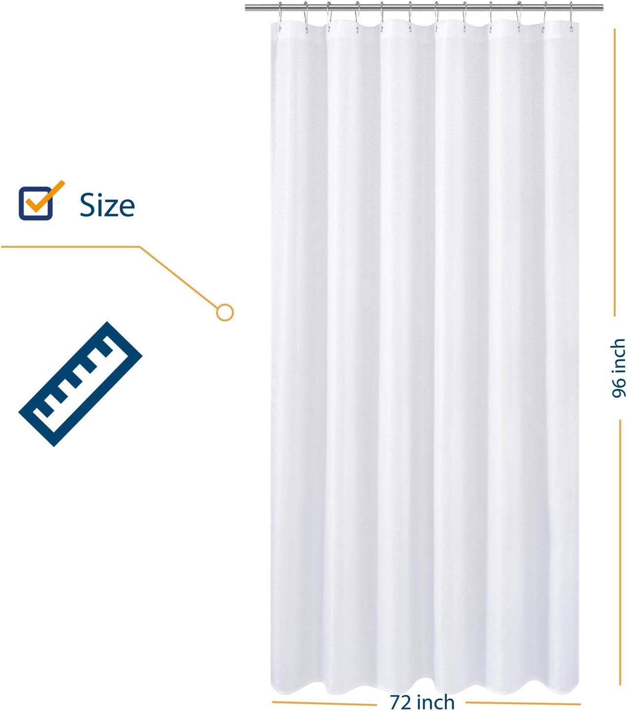 N&Y HOME Extra Long Fabric Shower Curtain or Liner 96 inches Height with Magnets, Hotel Quality, Washable, Water Repellent, Diamond Patterned White Bathroom Curtains with Grommets