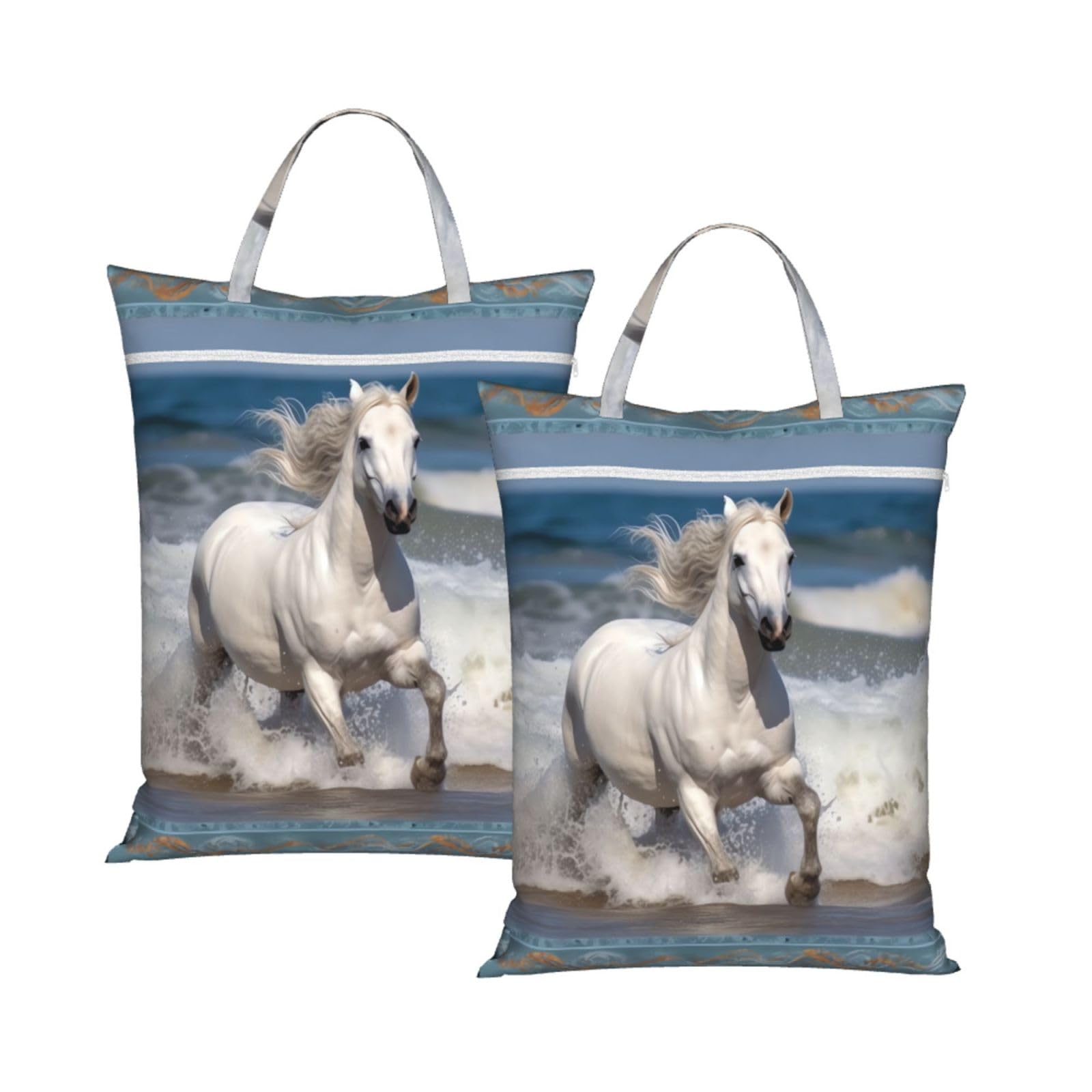 Large Travel Laundry Bag With Handles 2PCS Heavy Duty Dirty Clothes Organizer Washable Zippered White horse running on the sea Hanging Laundry Hamper for Gym, Swimming Pool Dorm Travel Essentials