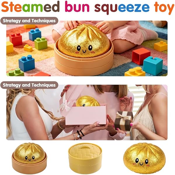 Dumpling Squishy, Glitter Dumpling, Giant Dumpling Squishy with Steamer Box, Stressball Langsame Rückfederung, Stressabbau-Spielzeug für Erwachsene (Gold) - 4
