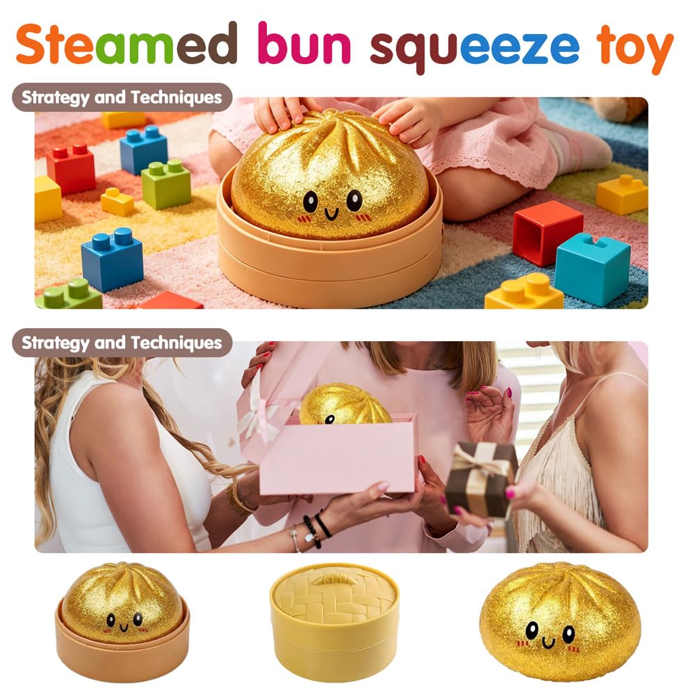 Dumpling Squishy, Glitter Dumpling, Giant Dumpling Squishy with Steamer Box, Stressball Langsame Rückfederung, Stressabbau-Spielzeug für Erwachsene (Gold) - 4