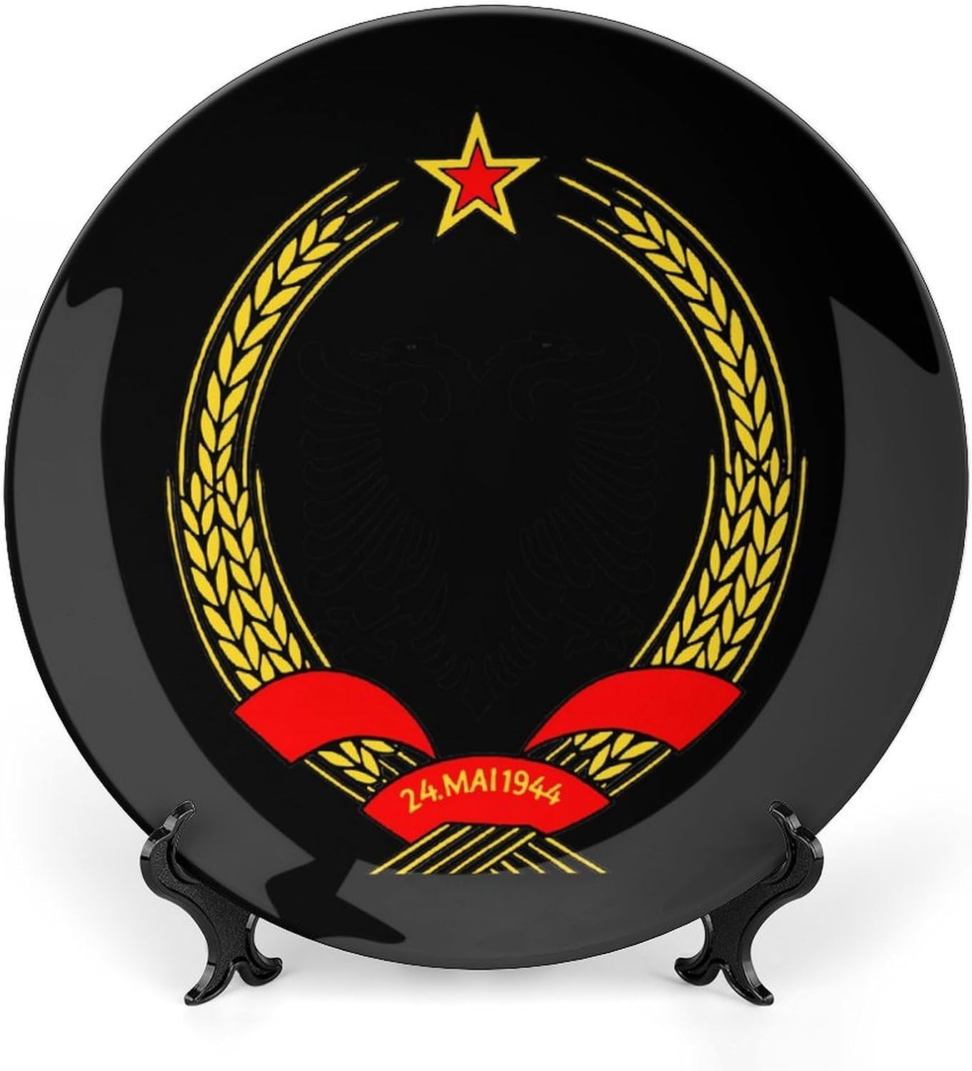 Coat of Arms of Albania Printed Decorative Plate with Display Stand Handmade Ceramic Ornament Hanging Wall Decor for Foyer Home Office