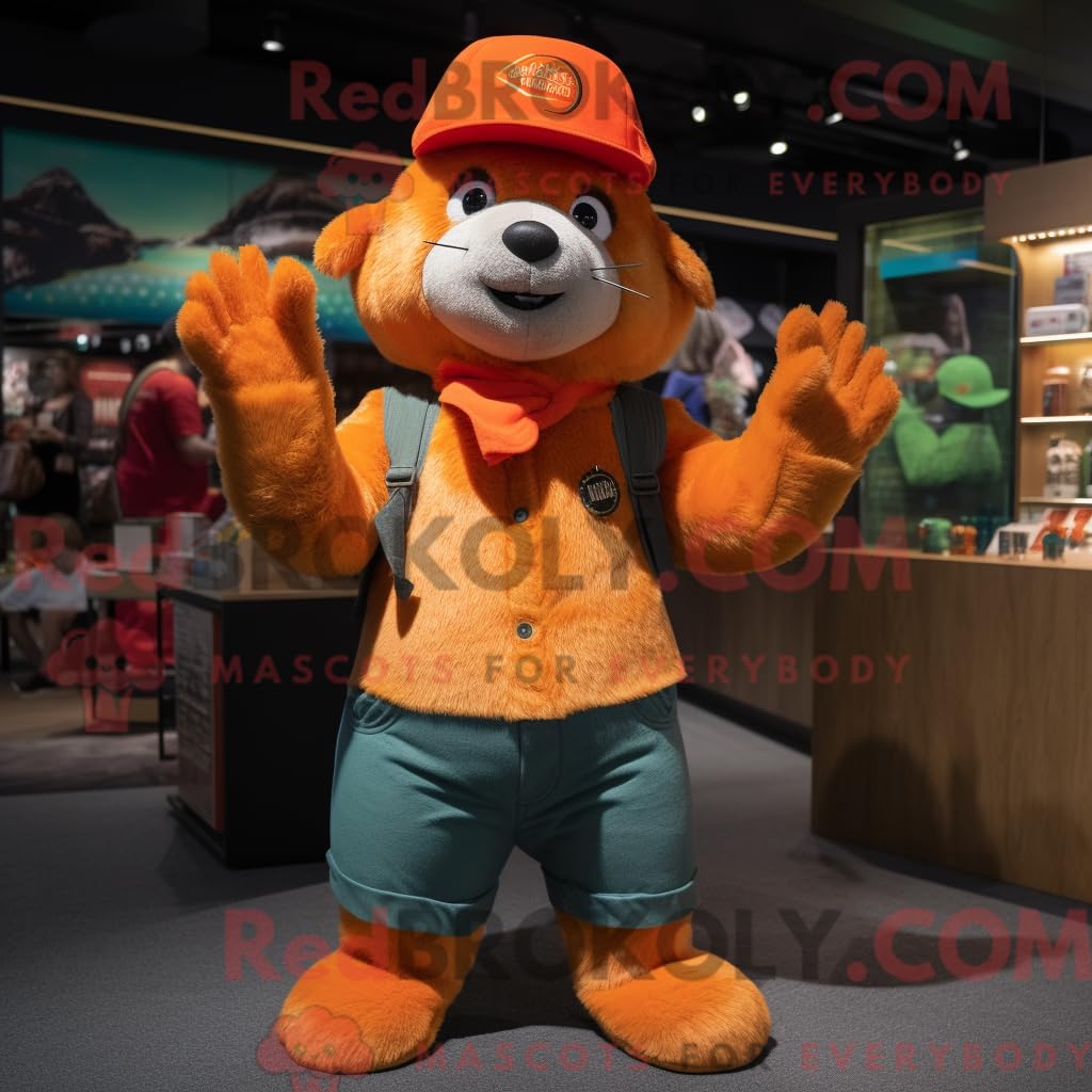 Orange Otter personaggio costume mascotte vestito con una mamma jeans e berretti