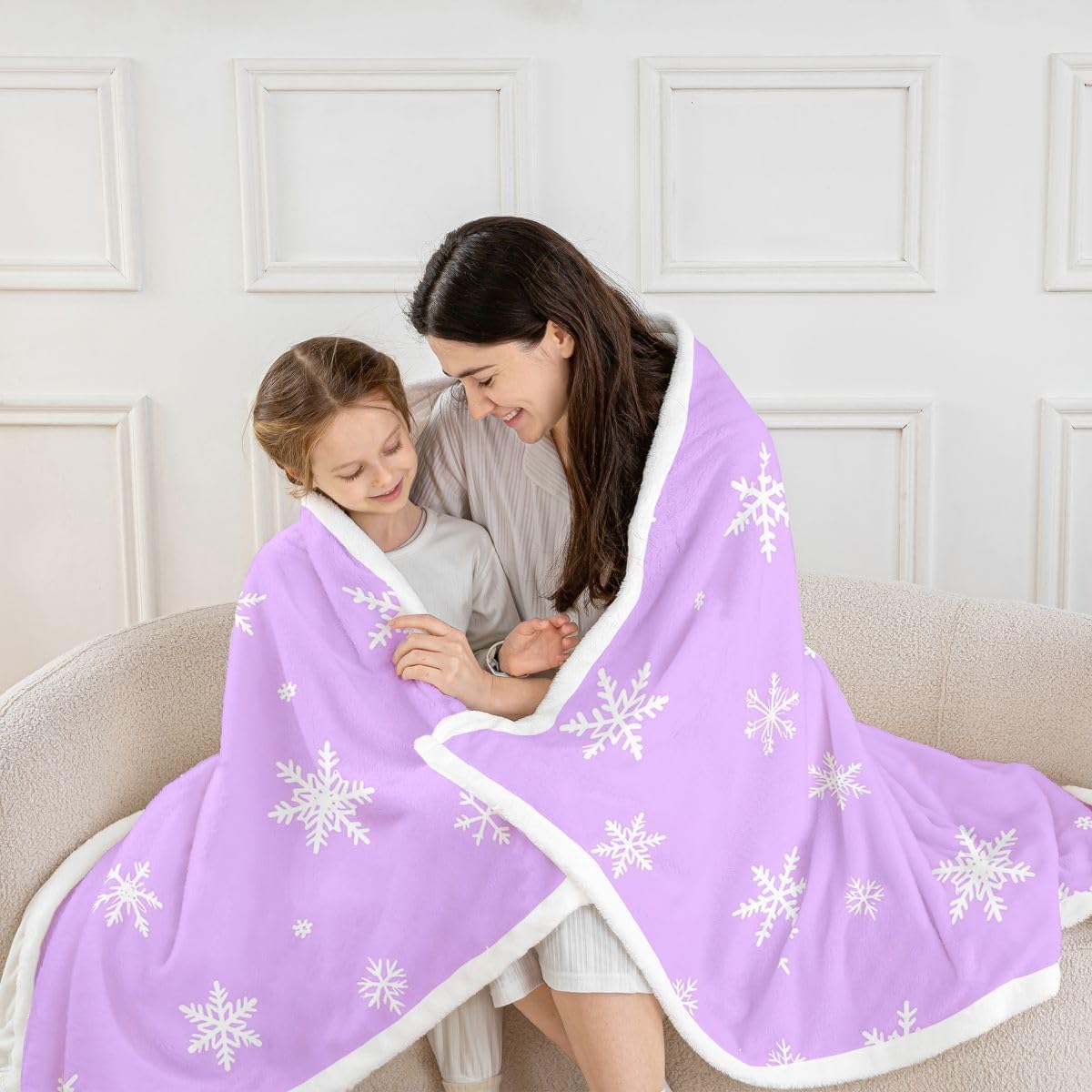 Manfei Snowflake Kids Throw Blanket,Winter Snow Frost Bed Blanket,Cool Simple Christmas Girls Boys Sofa Decor,Purple White Fuzzy Blanket,Throw Size (50 x 60 Inches) image 5