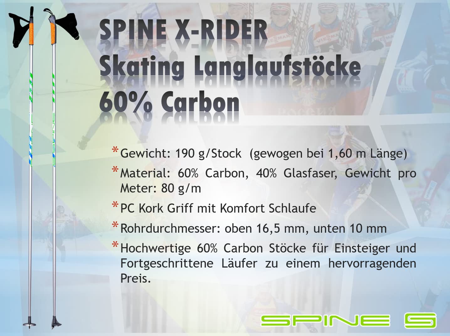 Spine X-Rider leichte Carbon Langlaufstöcke Skating Stöcke Skistöcke (170)