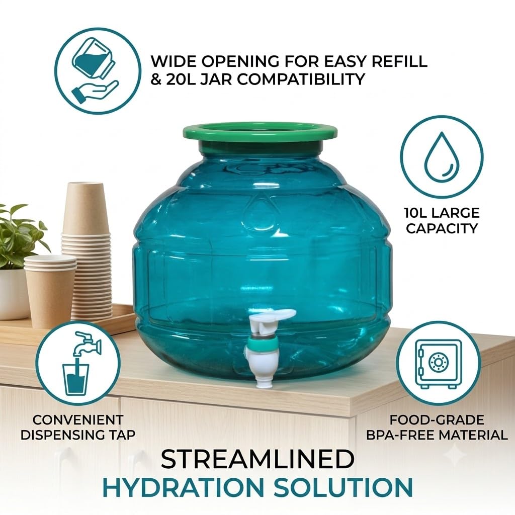 MAYUMI Plastic Water Dispenser Jar with Tap, Peacock Green, Unbreakable (Virgin Quality), 10 Liter, Green 4