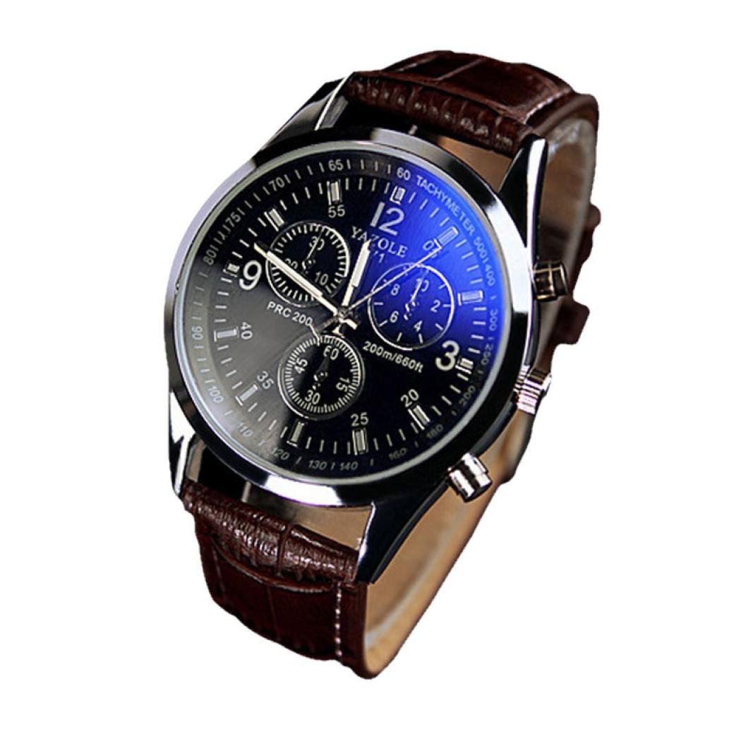 FASHIONDAVIDDF070 Fashion Mens Roma Blue Ray Glass Leather Quartz Business Wrist Watch Brown