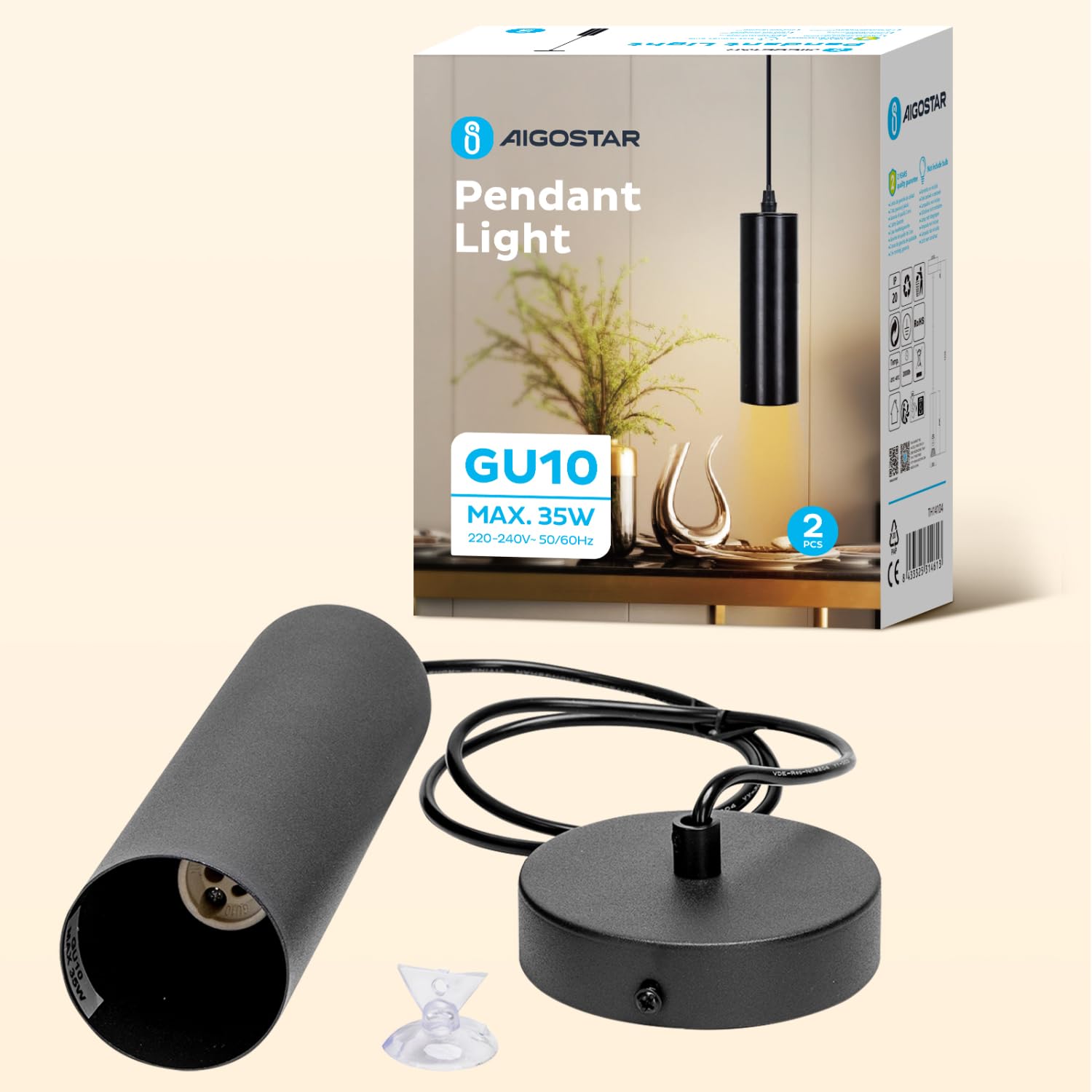 Aigostar Suspension noire， Suspension en fer. Plafonnier moderne cylindrique. Compatible avec GU10. Lot de 2， sans ampoule