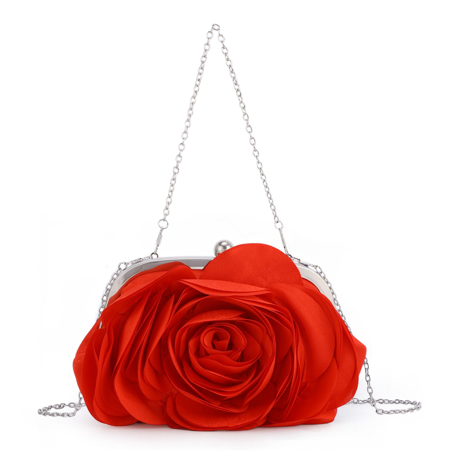 Fecialy Mujeres Bolsa de Noche Floral Satén Embrague Monederos con Cadena Rose Patrón Monedero Fiesta Prom Bolsos