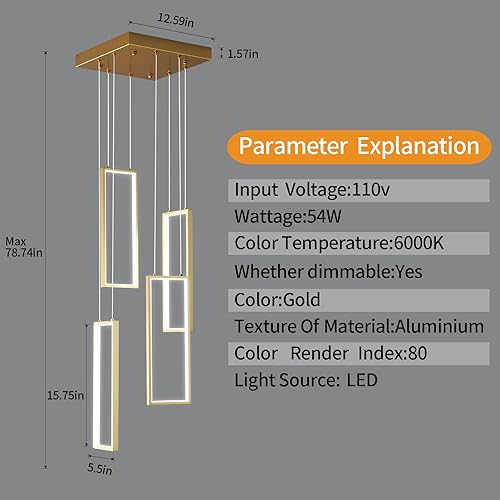 Miniatura 2 de FDPBY Lámpara de araña moderna LED ajustable de oro con 4 anillos, lámpara rectangular para sala de estar, vestíbulo, lámpara de techo alto, lámpara