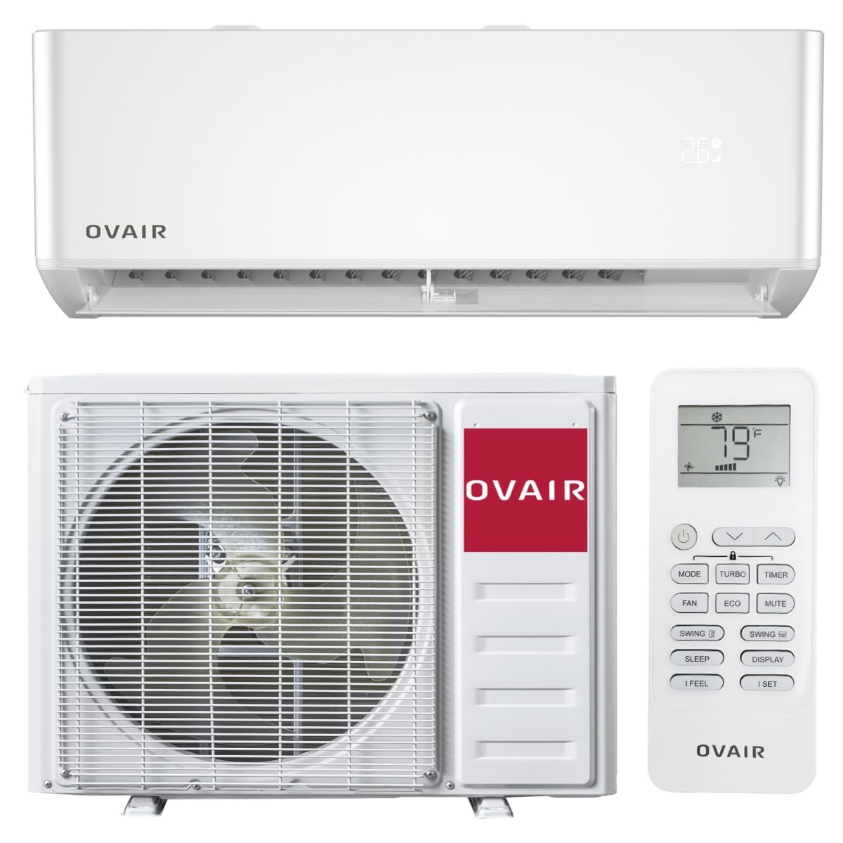 Ovair Mini Split Air Conditioner, 9,000 BTU (115V / 23 SEER2) - Energy-Efficient Wall Air Conditioner, Inverter, Compatible with Alexa, Quiet, Remote Control, Cools up to 250 Sq. Ft.