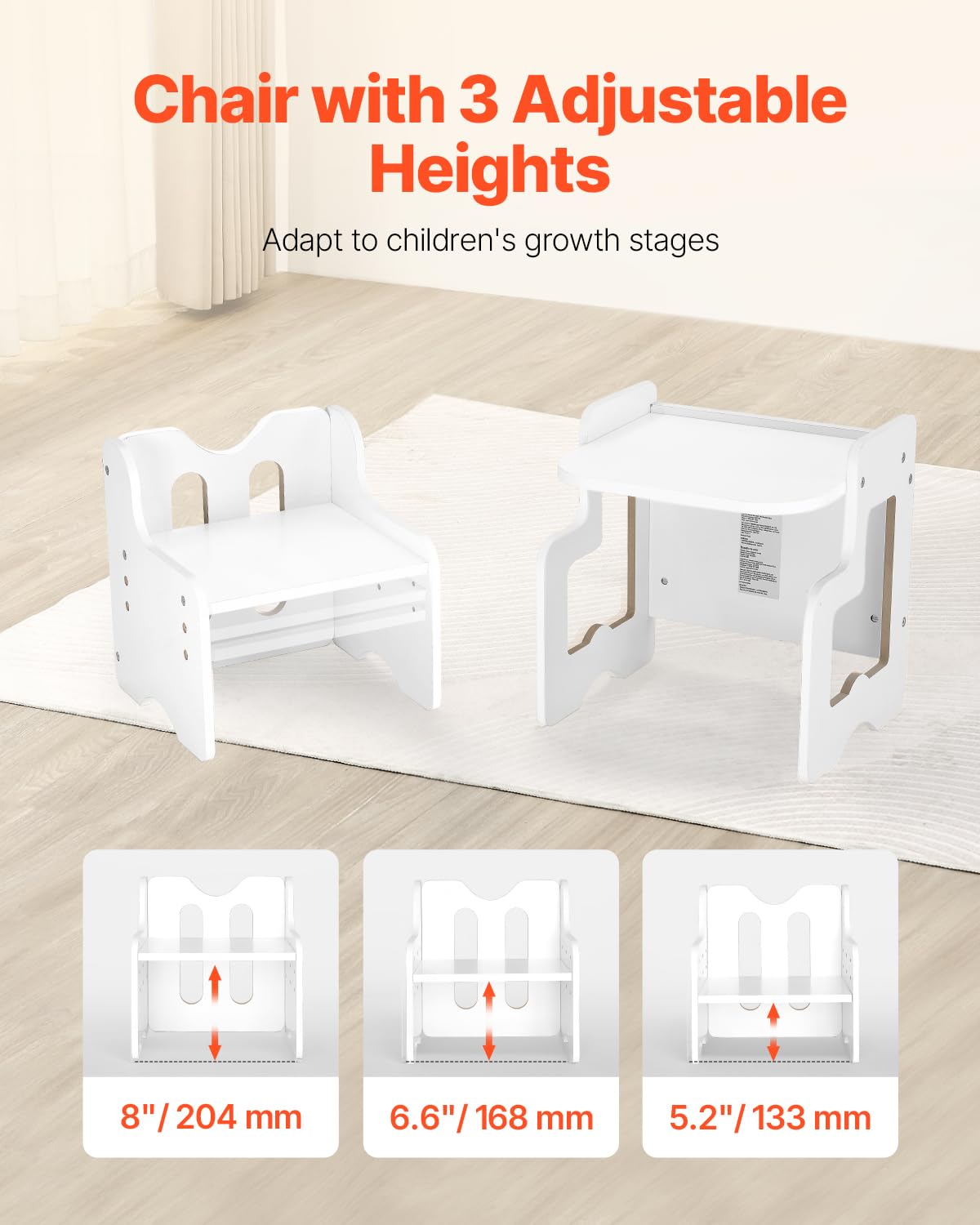 VEVOR Ensemble Table et Chaises pour Diversification Alimentaire Enfants, Mobilier pour DME en Bois avec Tableau Noir, Table de Sevrage Hauteur Réglable, pour Dessiner Lire Manger, Tout-Petits, Blanc