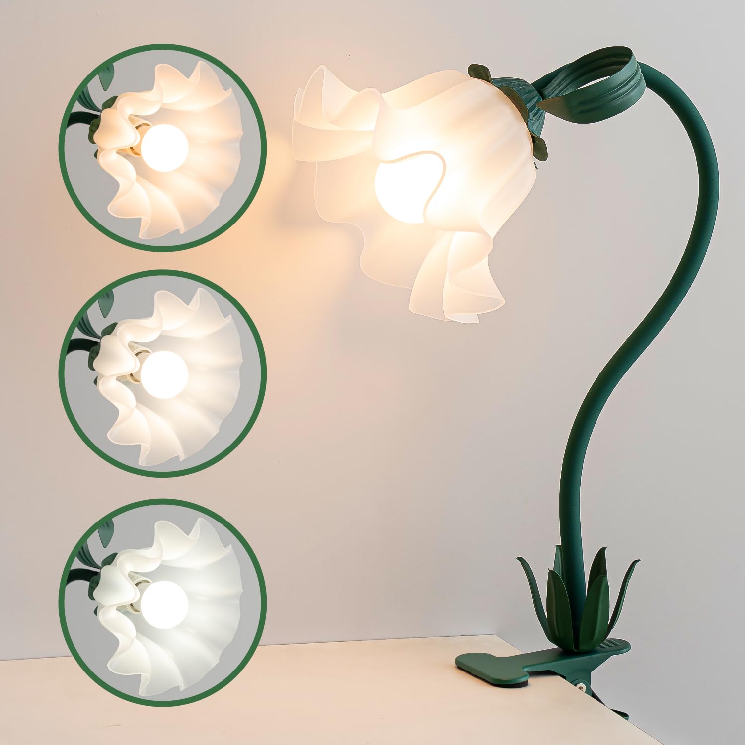 WERFOP Green Clip on Light, 3 Color Modes Eye-Caring Flower Desk Lamp with Clamp, Dorm Room Essentials, Flexible Neck Reading Clamp Lamps for College Bedside Bookshelf Studying Room (Dark Green) — image 1