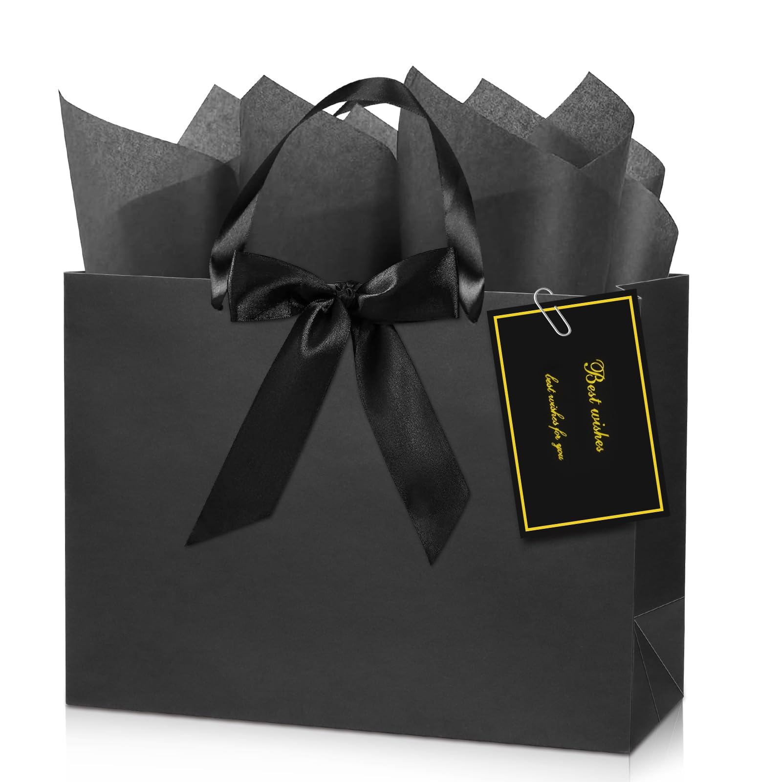 Rcybeo 3 PCS Large Black Gift Bags with Handle, Gift Bags with Tissue Paper and Greeting Card, 14"x 5"x 10" Heavy Duty Wrap Bags for Birthday Party Wedding,Father's Day,Anniversaries, All Occasions