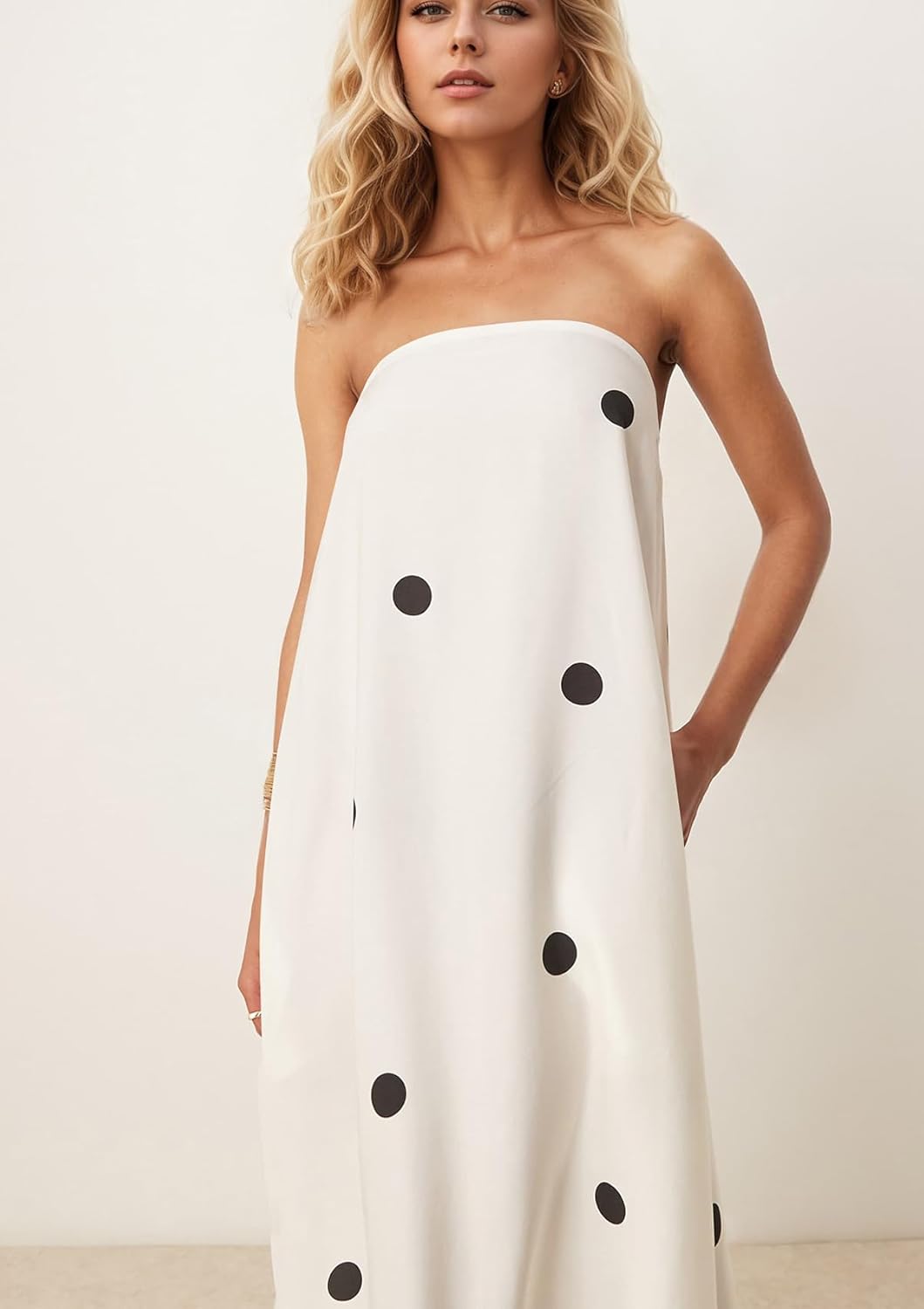 Women Polka Dot Strapless Maxi Dress Summer Flowy A Line Ruffle Backless Off Shoulder Long Tube Dress