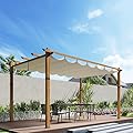 10x13Ft Woodgrain Aluminium Pergola Upgraded Retractable Outdoor Pergola with Canopy Modern Gazebo for Backyard, Patio, Porch, Grape Trellis - Beige Curtains