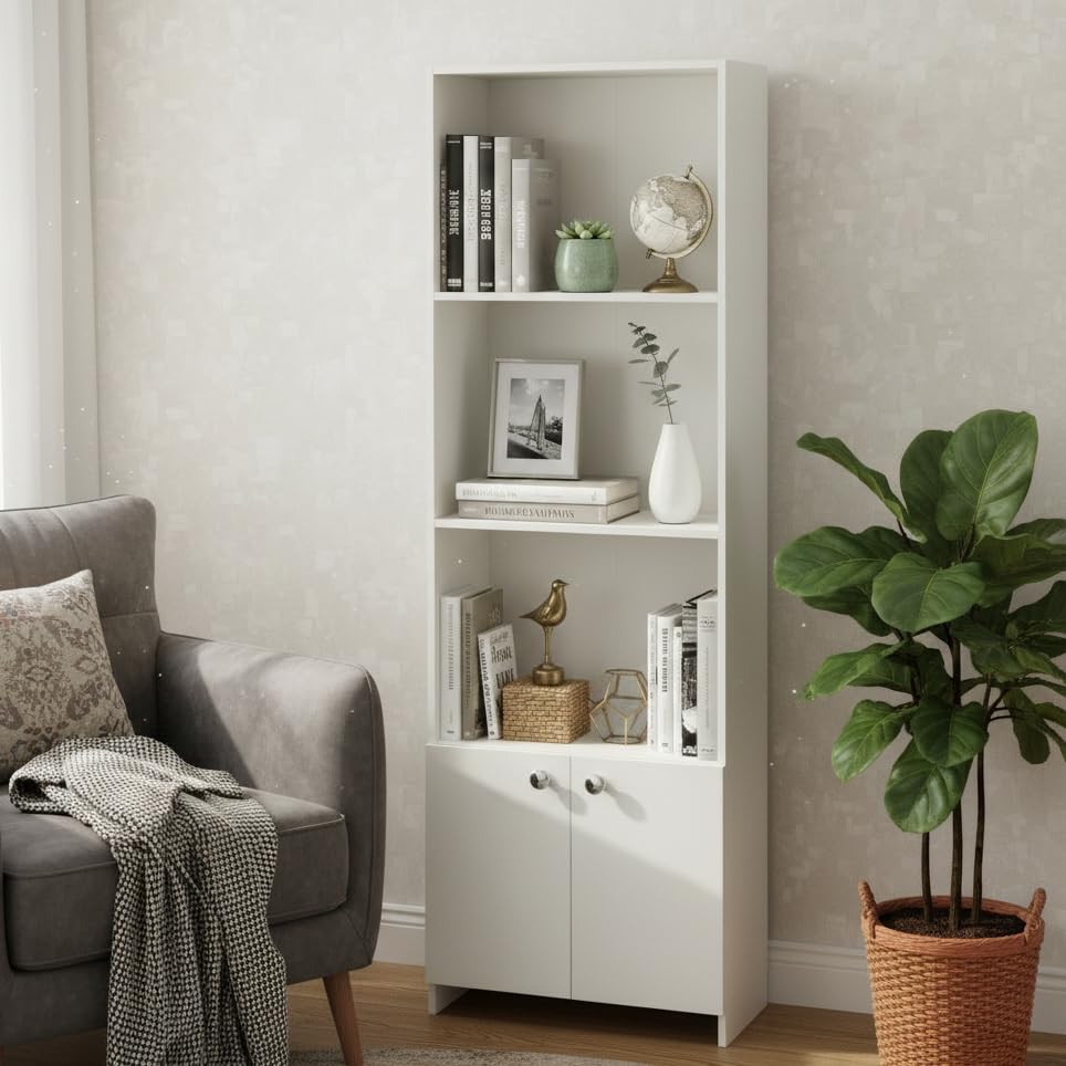 FURNEASER Regal Tall Wooden Bookshelf with 2-Door Cabinet & 3 Open Shelves | Modern Multipurpose Bookcase for Living Room, Bedroom & Office | Engineered Wood, 180 x 60 x 30 cm, White Finish-image-23