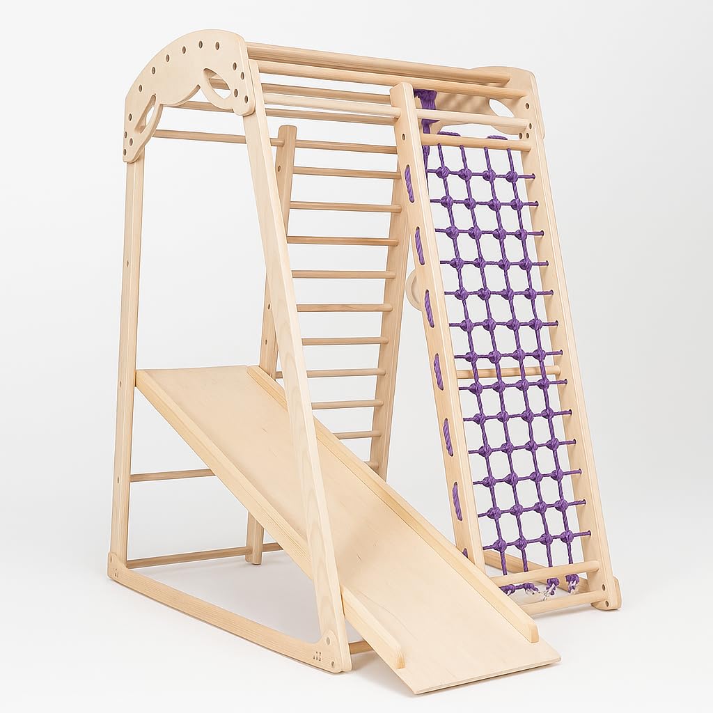 Kinder zu Hause aus Holz Spielplatz mit Rutschbahn ˝Junior-Lak˝ Kletternetz Ringe Kletterwand
