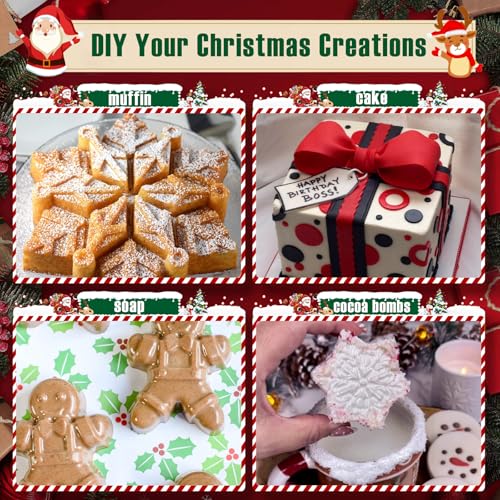 Image of HKNMTT Large Christmas Silicone Molds for Baking Cake Muffins Oven Safe Freezing Soap Candle Cocoa Bomb Food Grade Tray, Deep Snowflake Tree Santa Gingerbread Gift Bell 6 Holiday Shapes Mould 2PCS