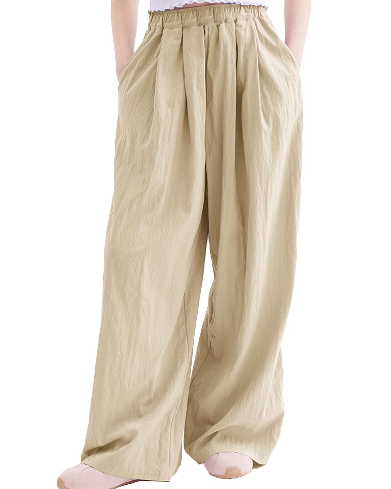 Rolanko Girls Wide Leg Pants Flowy Palazzo Pants for Girls Kids Linen Trousers Loose Fit Casual Beach Travel 6-15Y