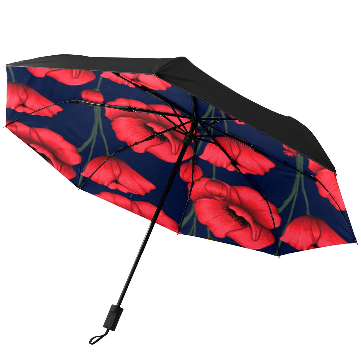 GISPOG Automatic Folding Umbrella, Red Poppy Flowers Waterproof Compact Sun and Rain Travel Umbrellas