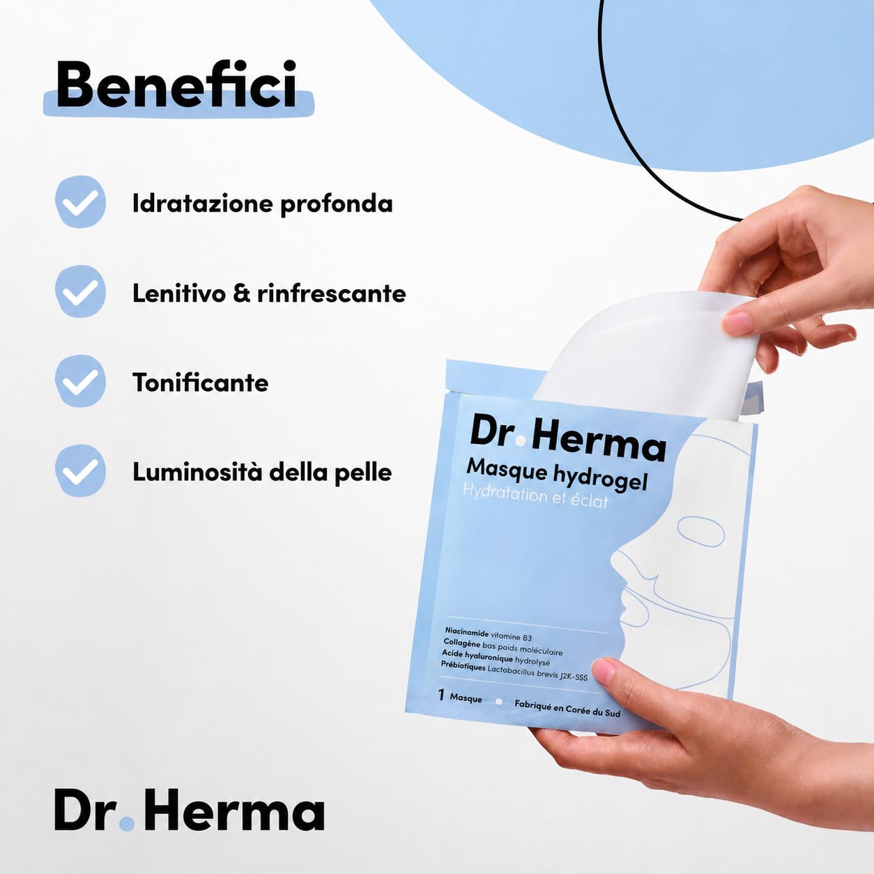 Dr. Herma Maschera Hydrogel (12 pezzi) - Maschera viso coreana per donne con acido ialuronico, collagene e niacinamide - Anti-età, illuminante, e affinante i pori per tutti i tipi di pelle