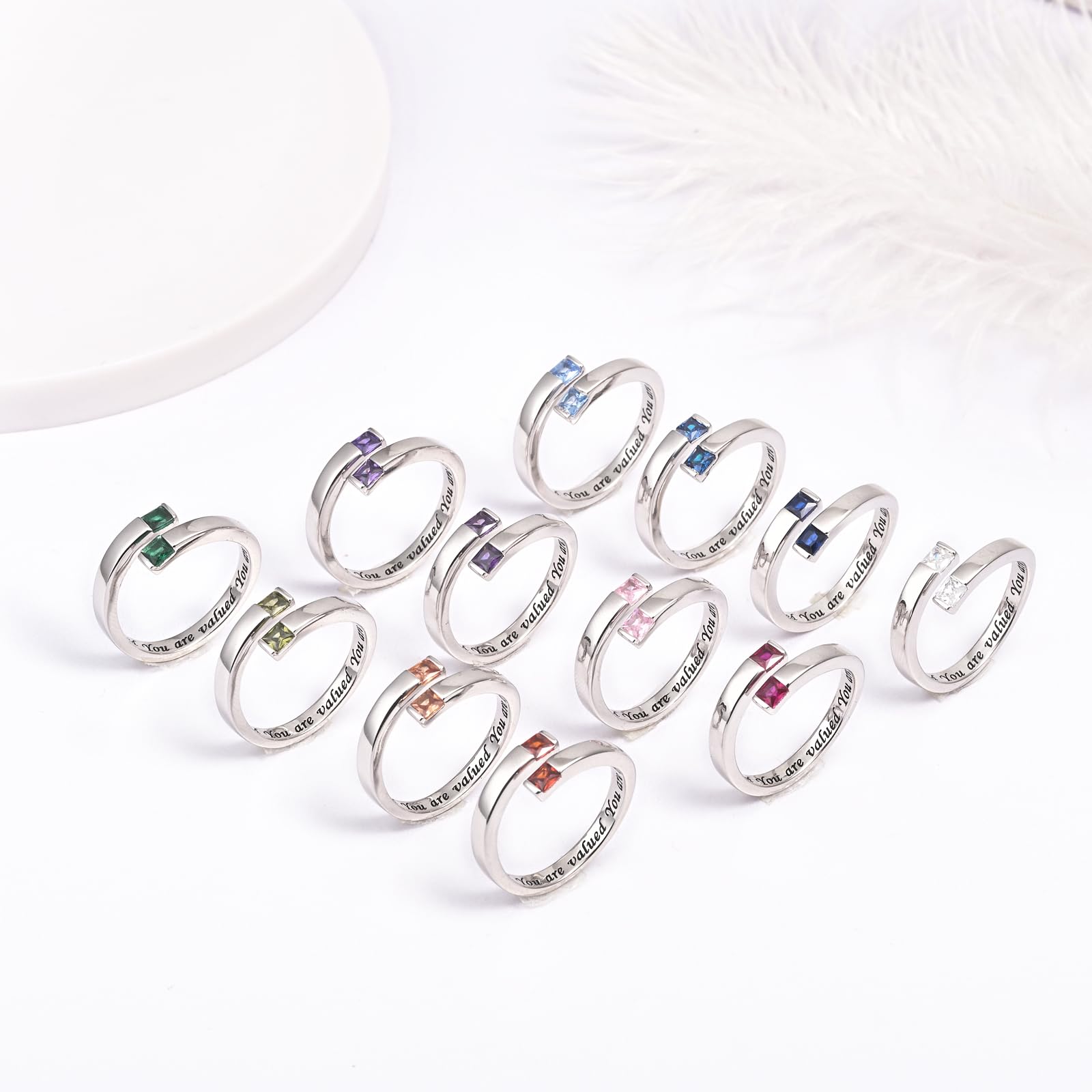 YLT Anillo ajustable de plata de ley 925 para mujer, con piedra natal, circonita cúbica, anillo abierto, regalo para hija y adolescente