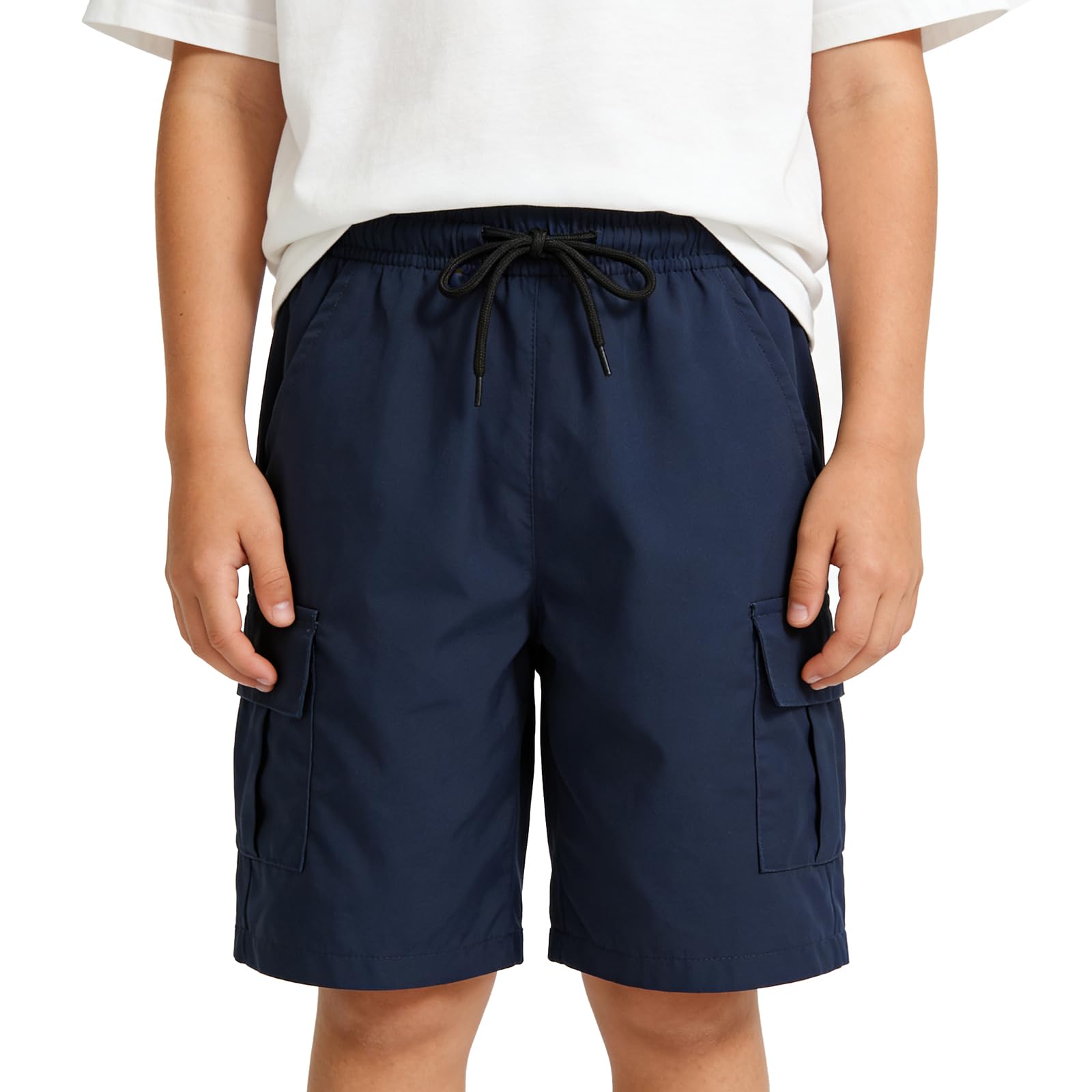 Close-up of the HONCAN Boys Pull-On Cargo Shorts, highlighting the quick-dry fabric texture and functional zipper pocket.