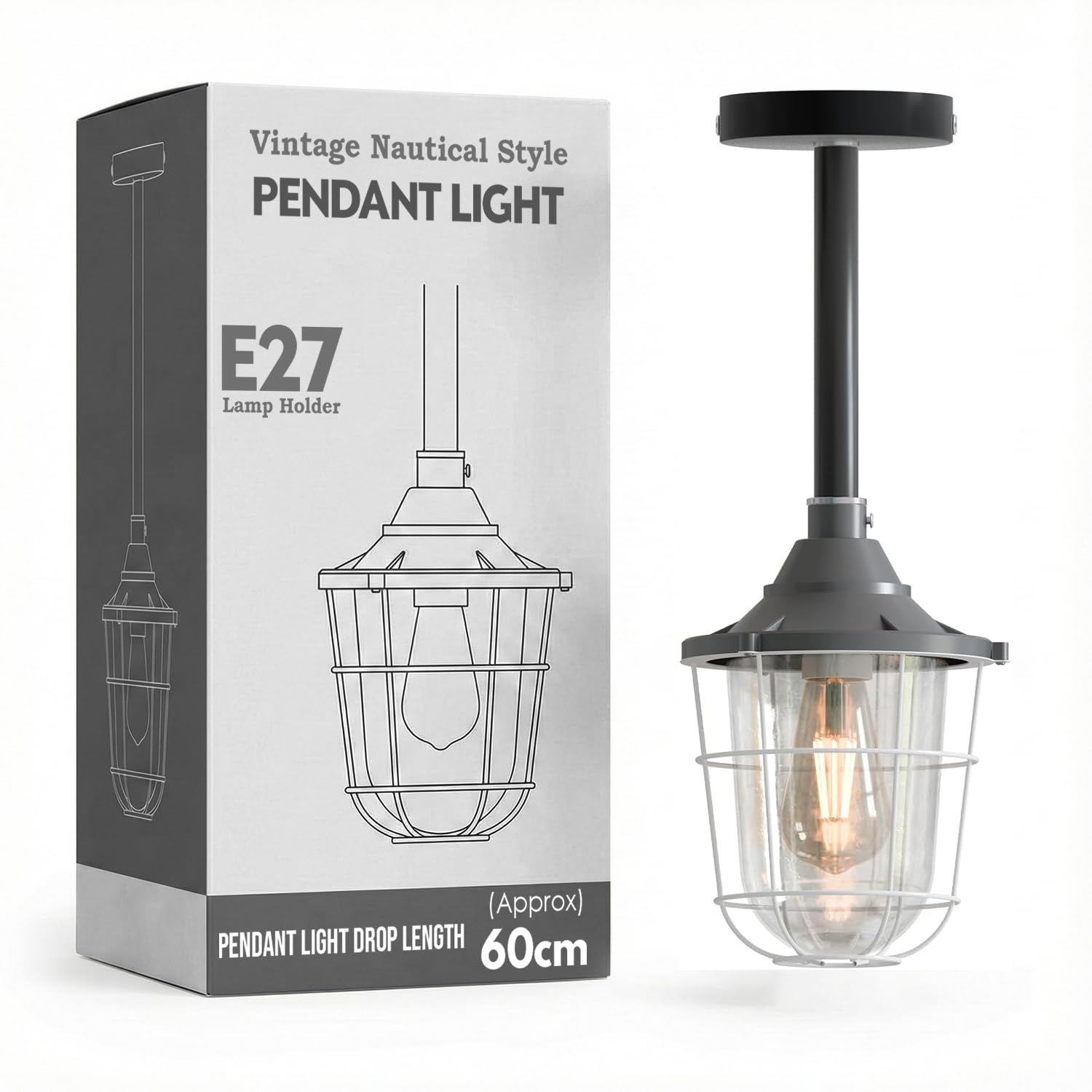 Ledsone Grey - 30Cm - Without Bulb 20Mm Conduit Pipe Pendant Light E27 Industrial Grey Metal Cage Ceiling Hanging Lamp 30Cm Drop Steampunk Kitchen Island Workshop Factory Lighting Energy Efficient A+