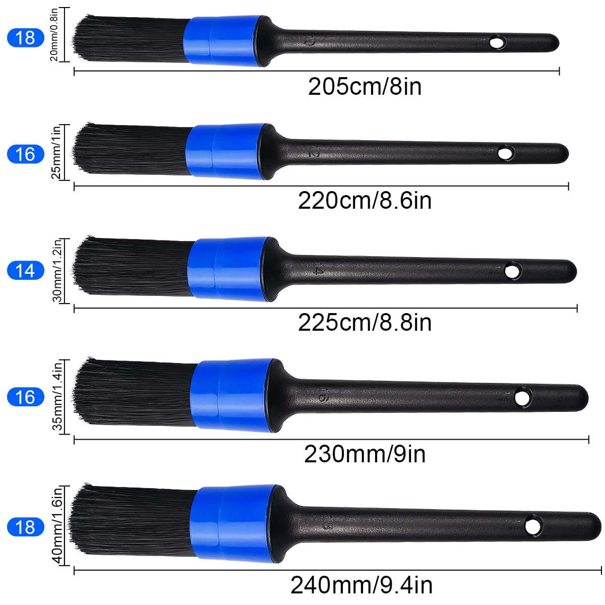 SPTA Lot De 5 Pinceaux Détailing Auto - Brosse Nettoyage Voiture Roues Intérieur Aération - Poils Naturel & Synthétique