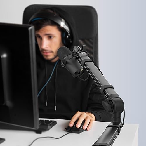 Miniatura 3 de CMTECK Brazo de brazo de micrófono, perfil bajo ajustable de 360, soporte de brazo de micrófono con abrazadera de montaje de escritorio, elevador